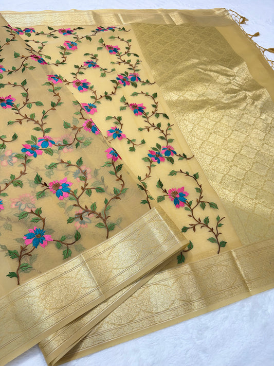 Beige shade organza designer premium embroidery Banarasi saree