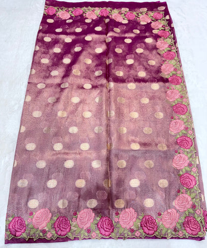 Magenta shade  tissue cutwork embroidery premium designer Banarasi saree