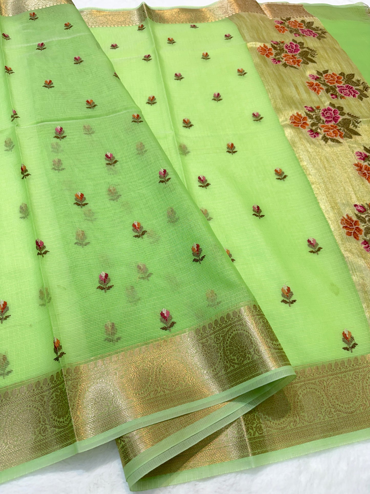 Pista green shade cotton kota embroidery Banarasi saree