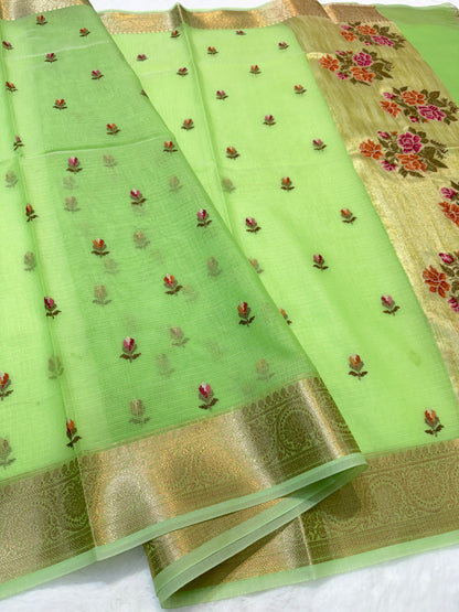 Pista green shade cotton kota embroidery Banarasi saree