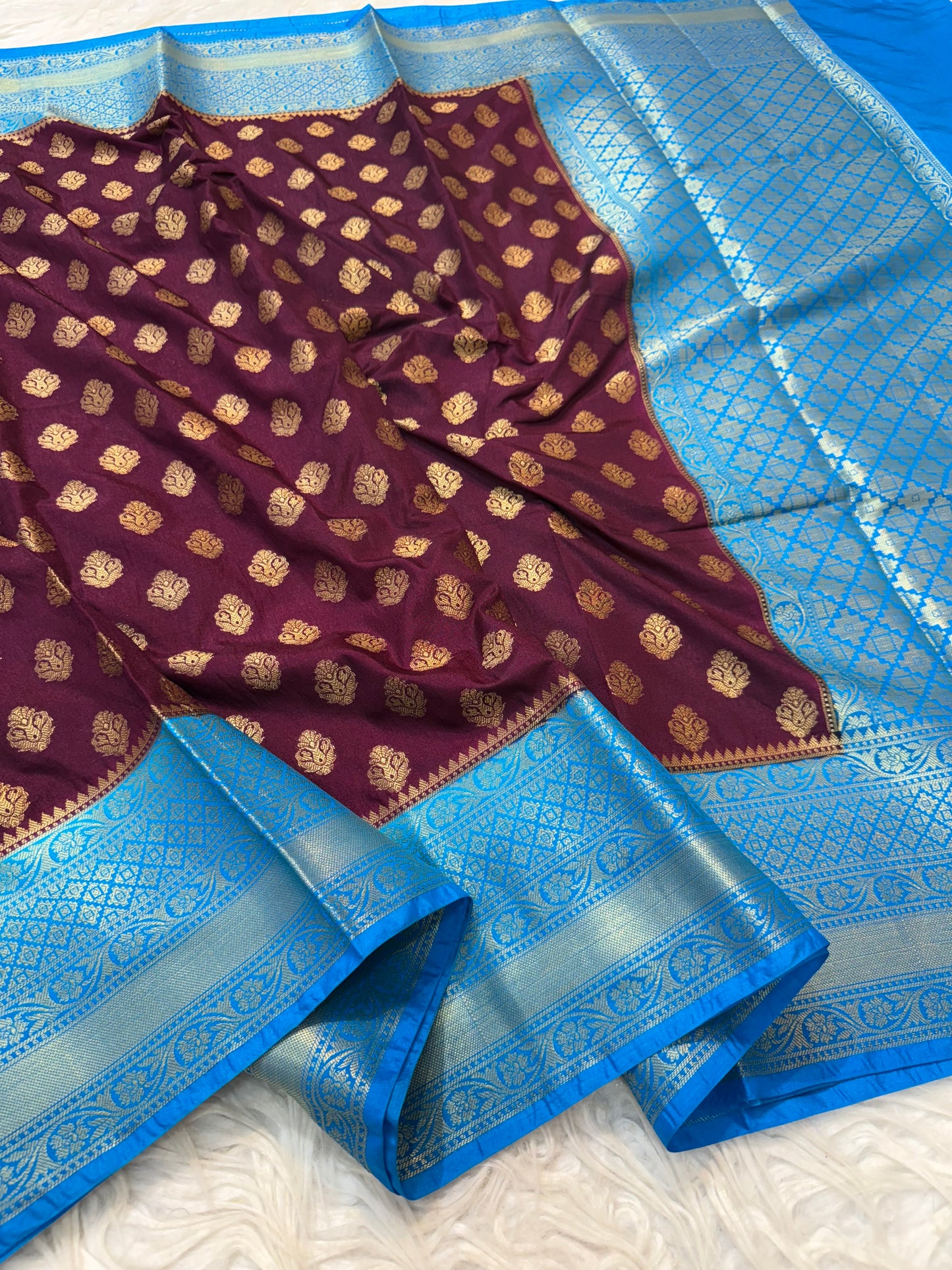 Maroon & powder blue shade Dupion Silk Banarasi Saree 