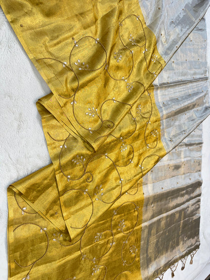 Gold silver tissue half half  tissue designer hand work Banarasi saree
