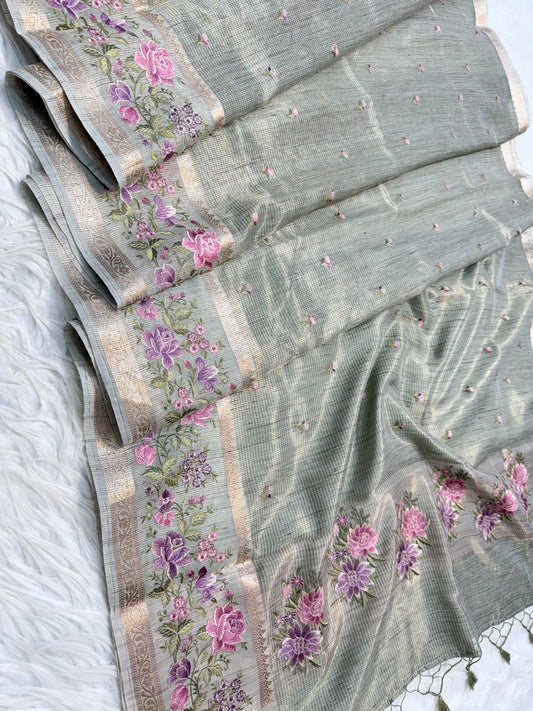 Banarasi Tissue linen embroidery saree