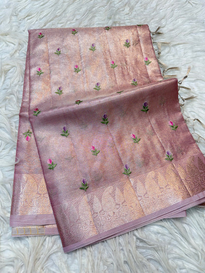 Peach shade tissue kota embroidery primum Banarasi saree