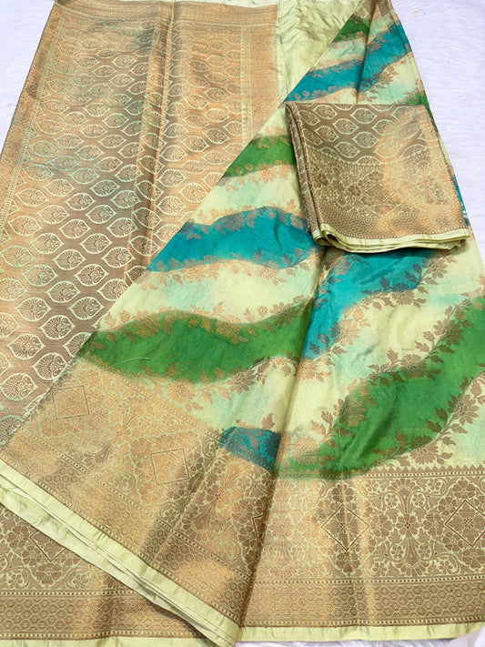 multicolour Dupion silk hand brush print Banarasi saree