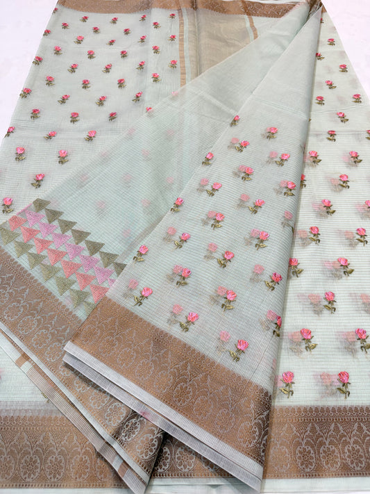 Sea green shade cotton kota embroidery Banarasi saree