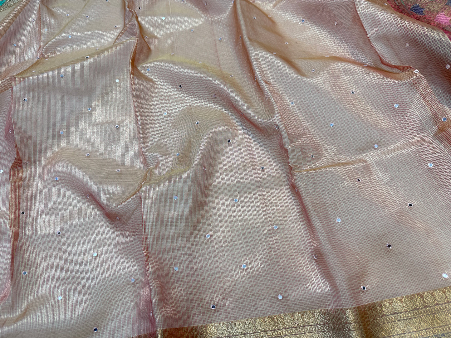 Rose Gold shade tissue kota mirror work premium Banarasi saree
