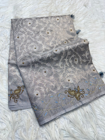 Gray shade tissue kota zardosi work premium Banarasi saree