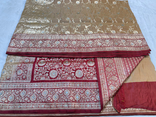 Beige & maroon shade Bridal Satan katan ari & stone work Banarasi silk Saree
