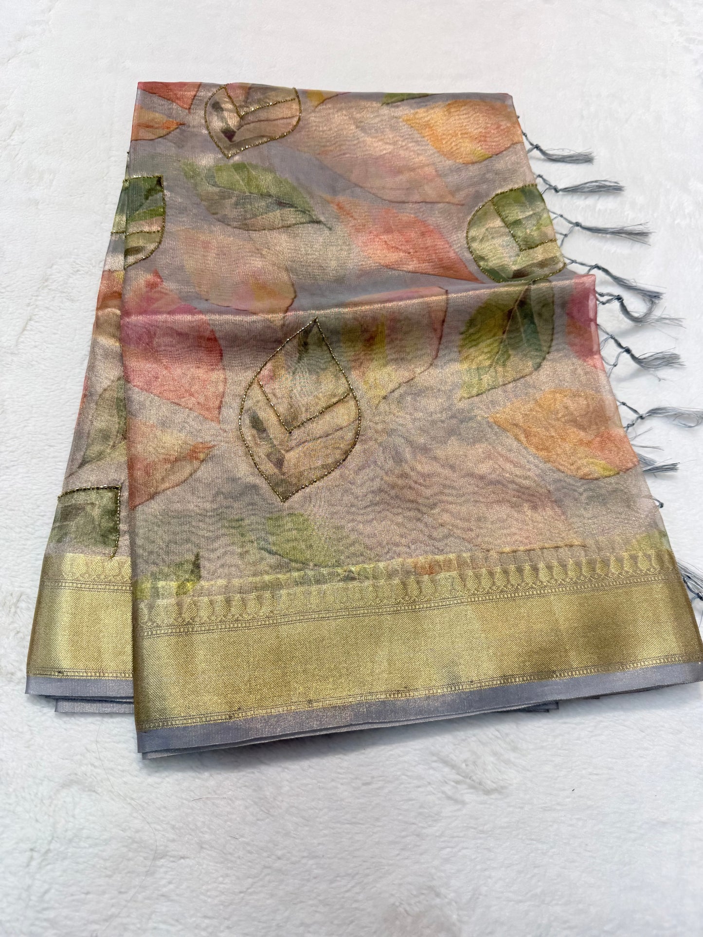 Multicolour Tissue digital print handwork premium designer Banarasi saree
