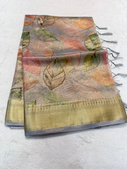 Multicolour Tissue digital print handwork premium designer Banarasi saree