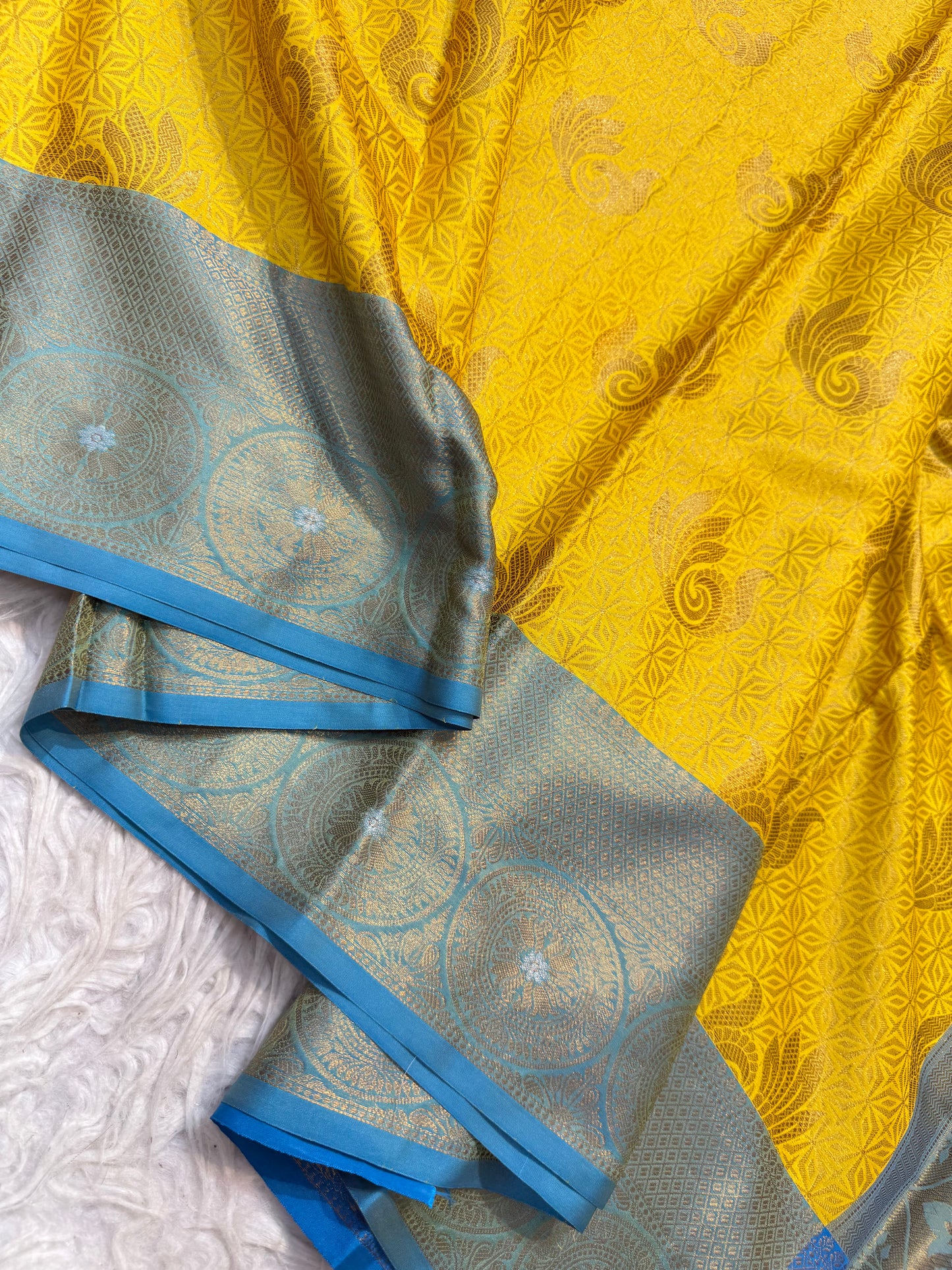 Yellow firozi shade premium soft silk Banarasi saree