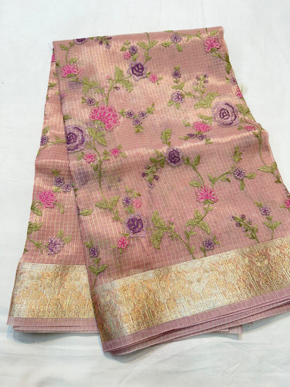 Dusty pink  shade tissue kota embroidery primum Banarasi saree