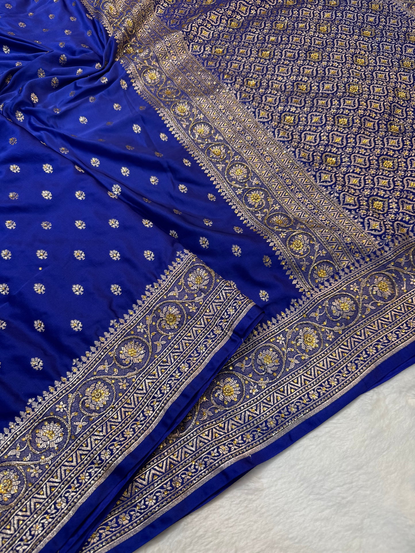 Royal blue shade Bridal Mashru ari & stone Silk Banarasi Saree