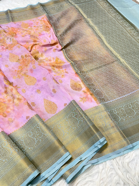 Pink sea green & multicolour shade georgatte digital print Banarasi saree