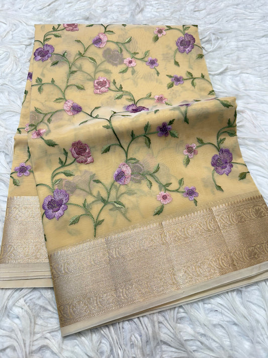 Beige shade organza embroidery Banarasi saree