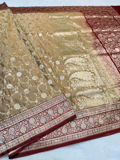 Beige & maroon shade Bridal Satan katan ari & stone work Banarasi silk Saree