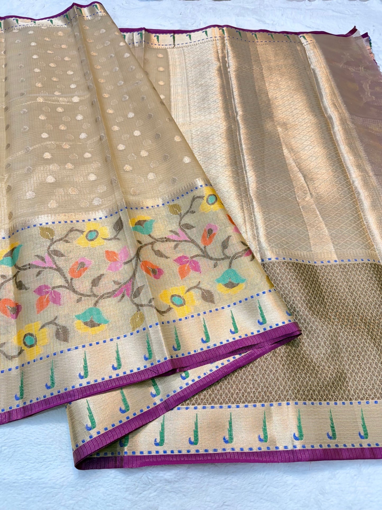 Gold & multicolour shade tissue kota premium paithani border designer banarasi saree
