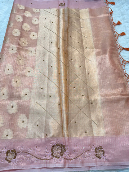 Peach shade tissue kota handwork premium Banarasi saree