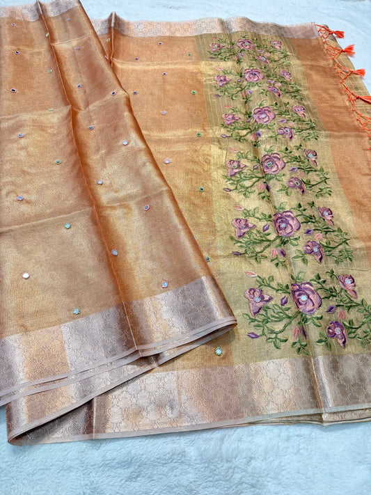 Peach kota tissue kota designer embroidery handwork premium Banarasi saree