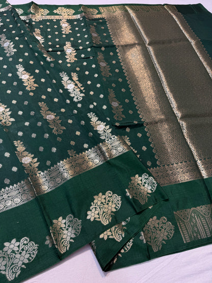 Bottle green shade Raw mango soft silk banarasi saree