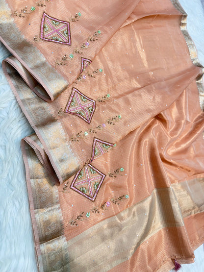 Pink shade tissue kota zardosi work premium Banarasi saree