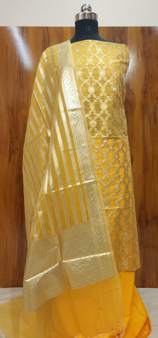 Safety yellow Kora Organza Banarasi Three Piece Suit