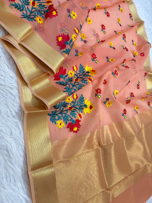 Pink multi colore kora organza embroidery Banarasi saree