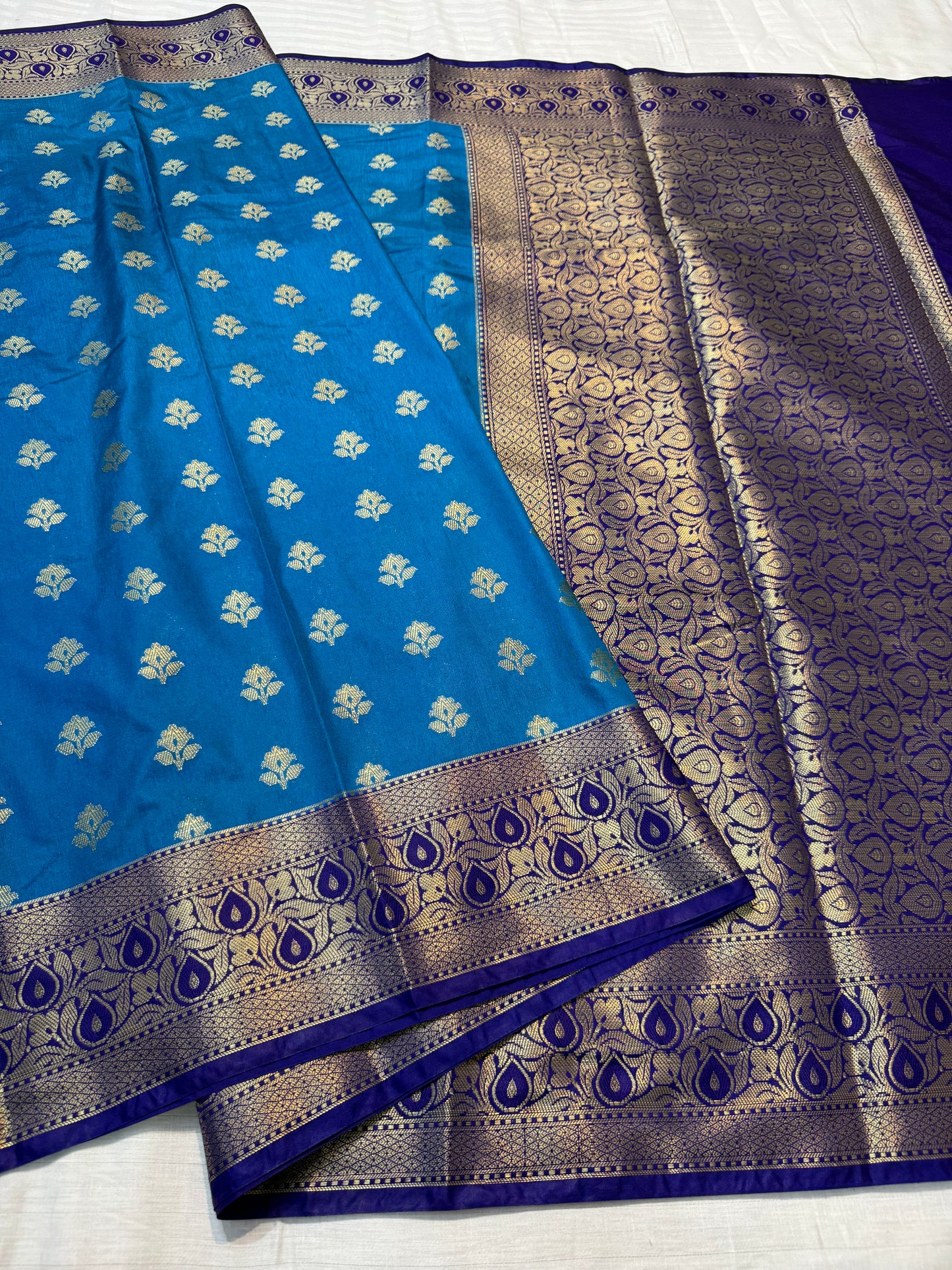 Firozi Royal blue shade Dupion Silk premium Banarasi Saree