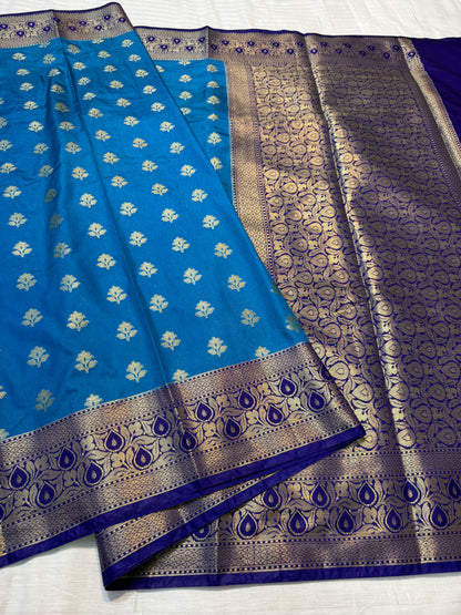 Firozi Royal blue shade Dupion Silk premium Banarasi Saree