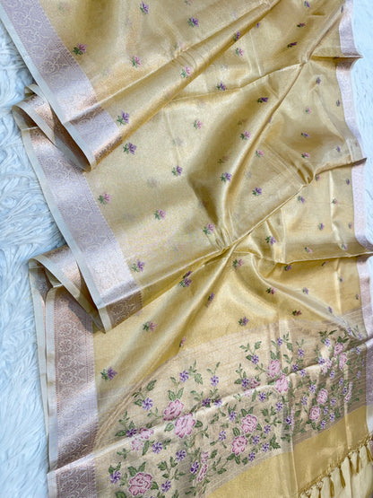 Gold shade tissue kota embroidery primum Banarasi saree