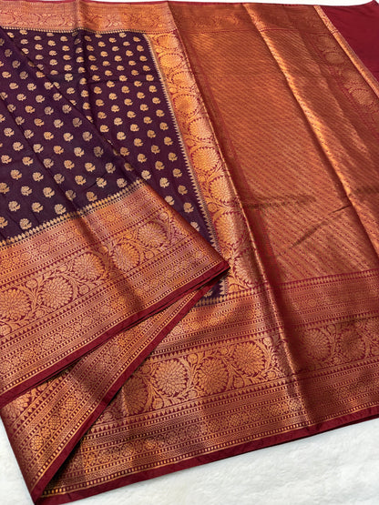 Wine & Rani shade Dupion Silk Banarasi Saree 