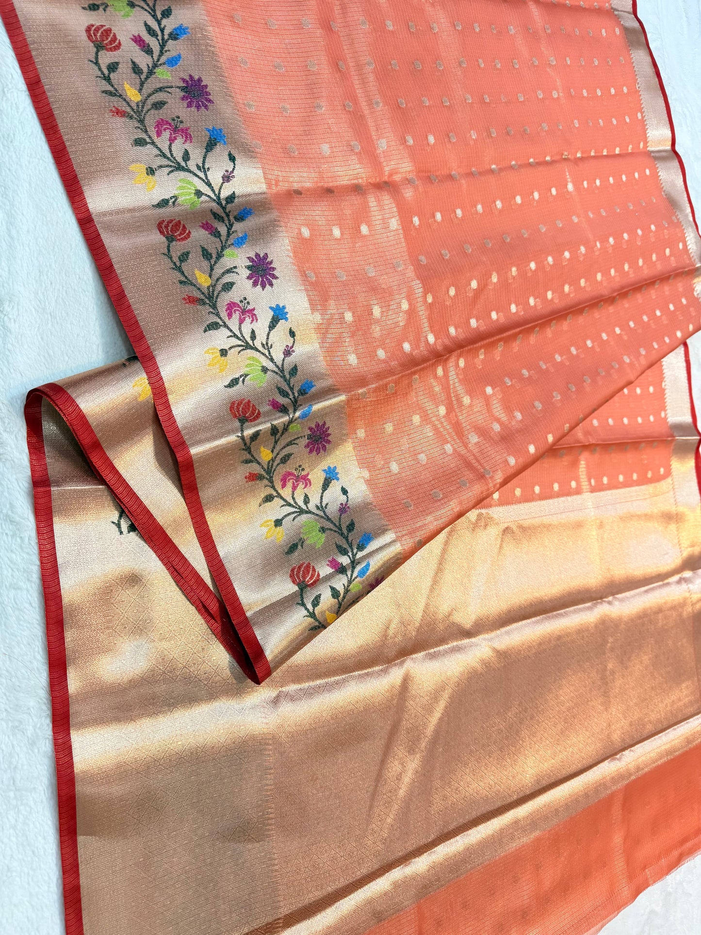 Orang & multicolour shade tissue kota premium paithani border designer banarasi saree