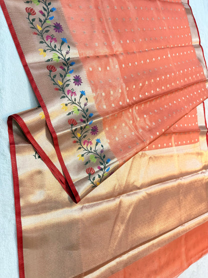 Orang & multicolour shade tissue kota premium paithani border designer banarasi saree