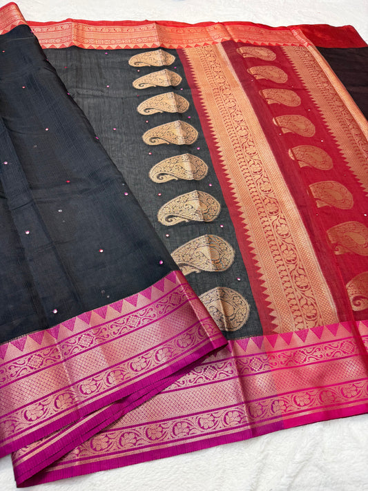 Black royal pink red shade kota mirror work premium Banarasi saree