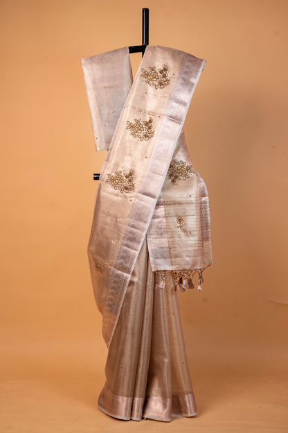 Beige shade tissue designer hand work Banarasi saree