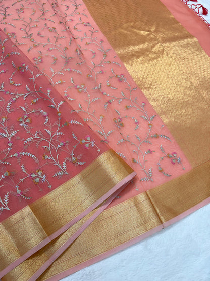 Pink shade organza designer premium embroidery Banarasi saree