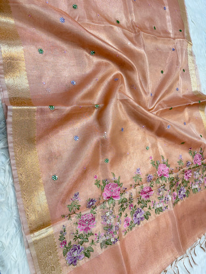 Peach shade kota tissue kota designer embroidery handwork premium Banarasi saree