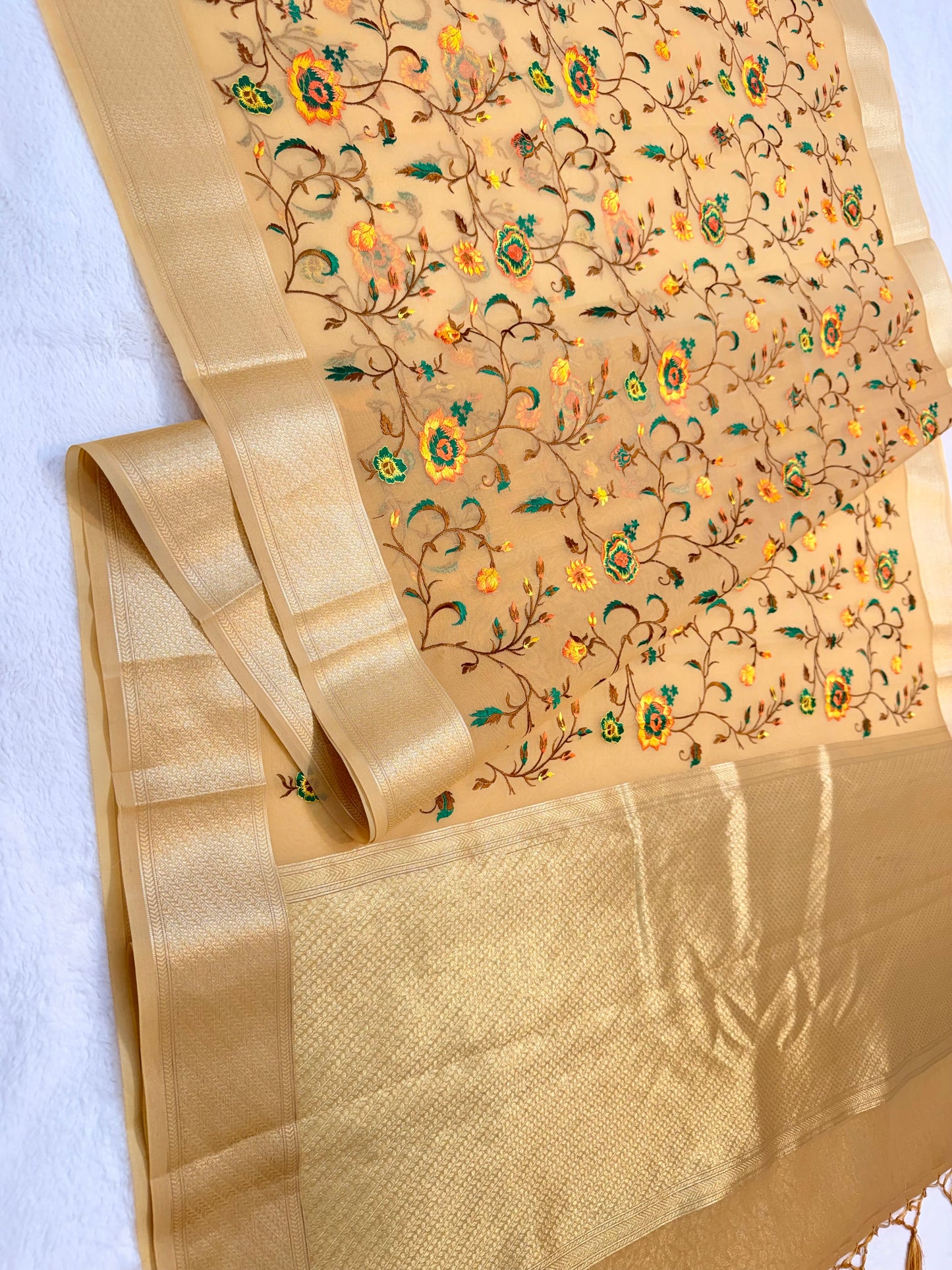 Beige shade organza designer premium embroidery Banarasi saree