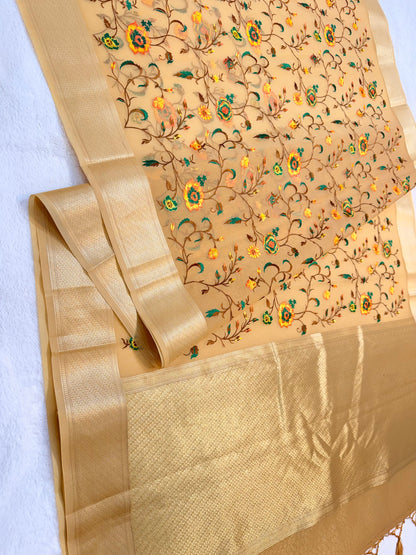 Beige shade organza designer premium embroidery Banarasi saree