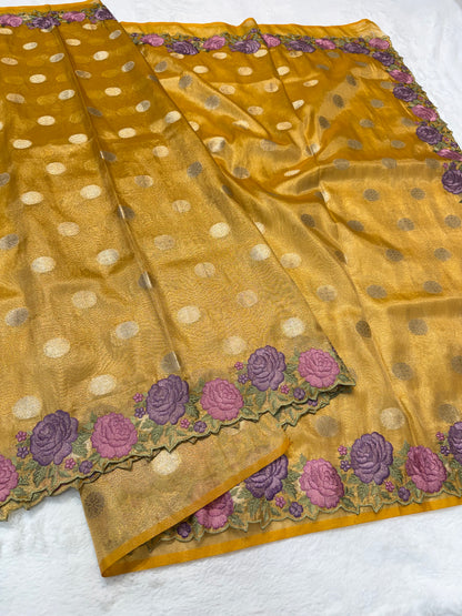 Gold shade tissue cutwork embroidery premium designer Banarasi saree