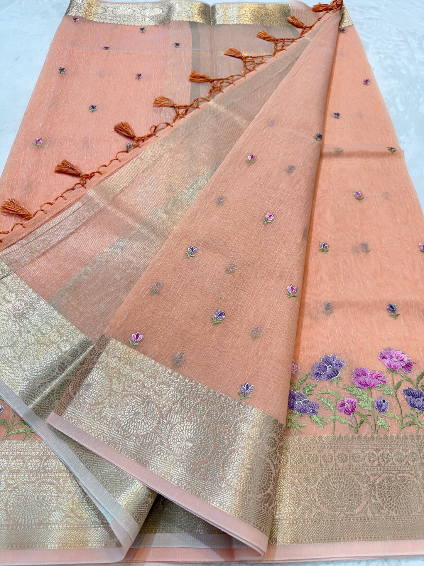 Peach shade linen embroidery Banarasi saree