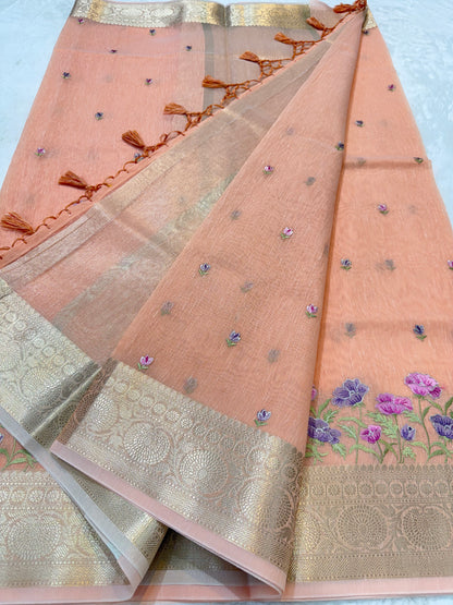 Peach shade linen embroidery Banarasi saree