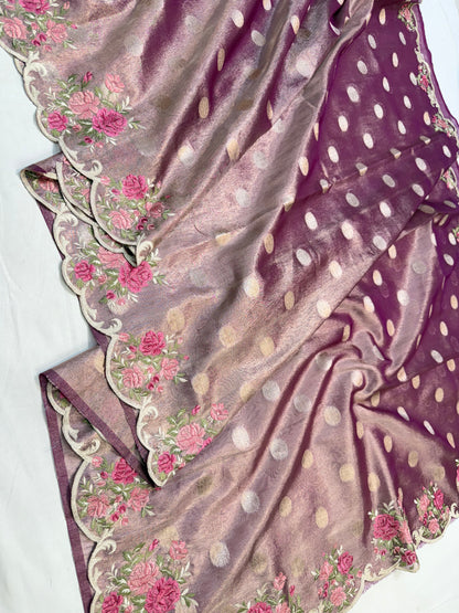 Magenta tissue cutwork embroidery premium designer Banarasi saree
