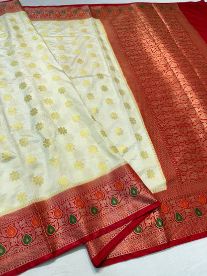 Off white & red shade  Dupion Silk premium Banarasi Saree