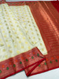 Off white & red shade  Dupion Silk premium Banarasi Saree