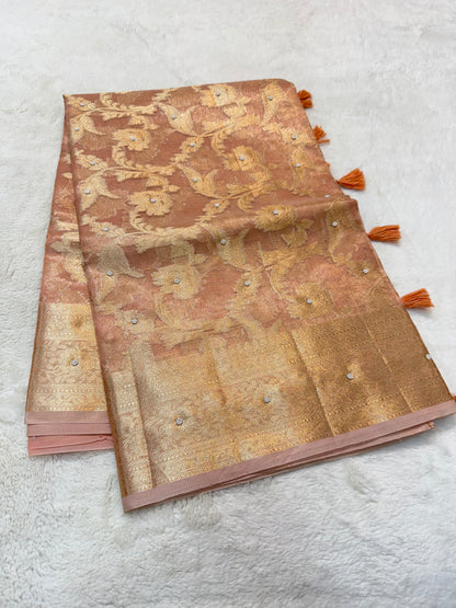 Peach shade tissue kota designer handwork premium Banarasi saree