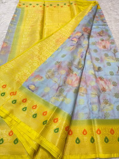 multicolour Dupion silk digital print Banarasi saree