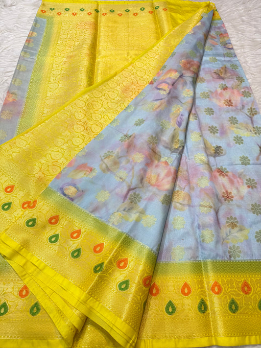 multicolour Dupion silk digital print Banarasi saree