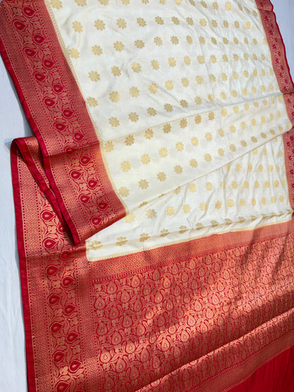 Off white & red shade  Dupion Silk premium Banarasi Saree